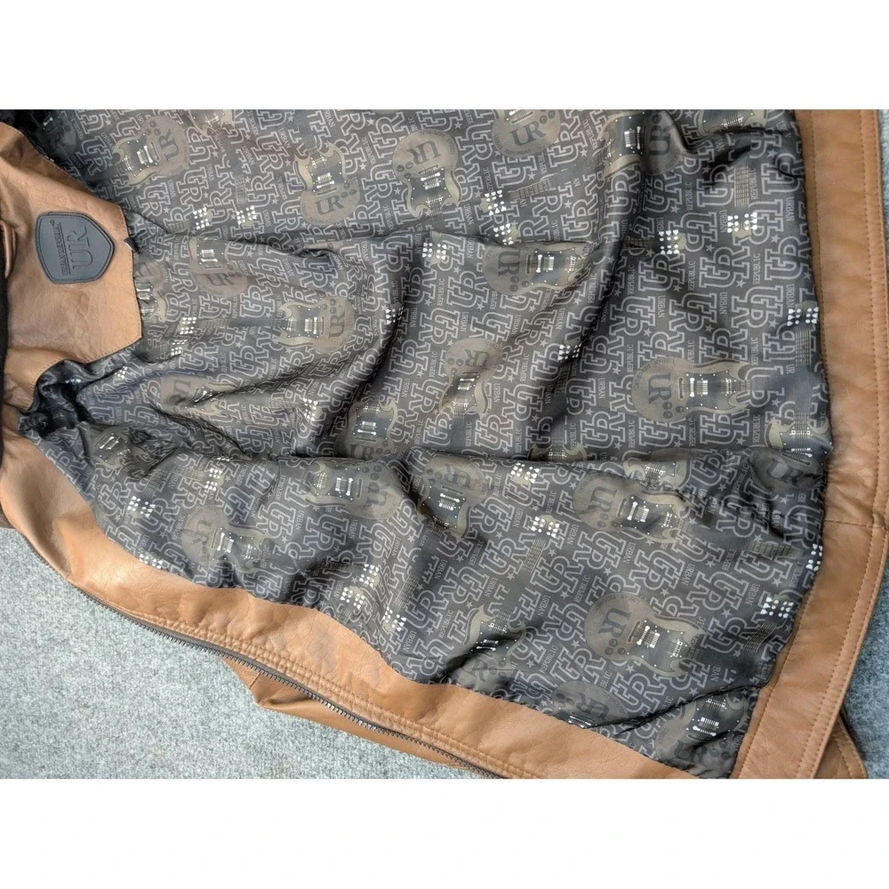 Urban Republic Jacket Mens Small Brown Faux Leather Hooded Moto Zip Pockets - Picture 8 of 12